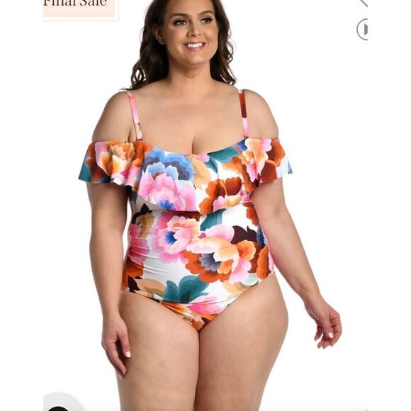 LA Blanca Floral Off Shoulder Ruffle One-Piece 12 - Picture 11 of 11